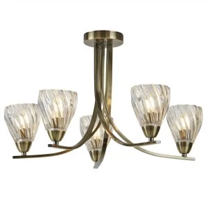 5 Light Semi Flush Multi Arm Ceiling Light Antique Brass, E14