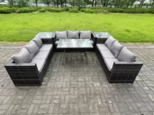 Fimous 9 Seater Outdoor Dark Grey Rattan Lounge Complete Sofa Set with Patio Dining Table and Side Tables