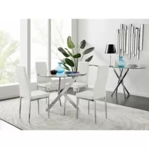 Novara Round Chrome Metal And Glass Dining Table And 4 White Milan Dining Chairs Set - White