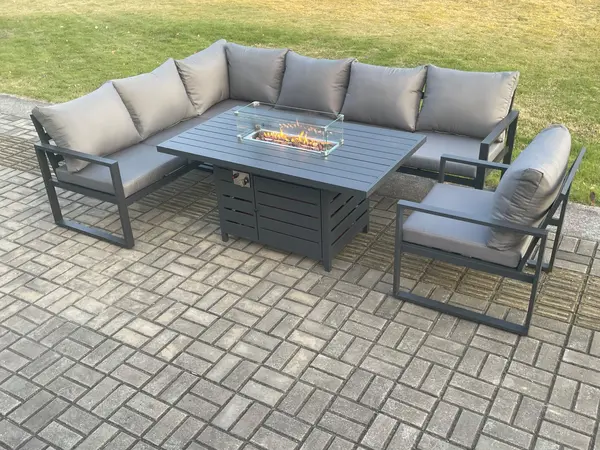 Fimous 7 Seater Outdoor Dark Grey Aluminum Lounge Complete Sofa Set with Gas Fire Pit and Gas Heater Burner