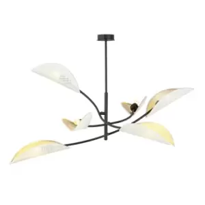 Lotus Black Multi Arm Semi Flush Ceiling light with White, Gold Fabric Shades, 6x E14