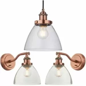 Ceiling Pendant & 2x Matching Wall Light Pack Aged Copper & Clear Glass Shade