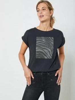 Mint Velvet Grey Zebra Studded T-Shirt, Grey, Size L, Women