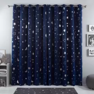 Dreamscene Star Blackout Curtains Pair Eyelet Ready Made Kids Navy - 46" X 72"