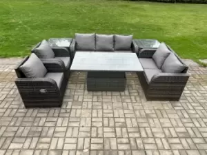 Fimous 7 Seater Outdoor Dark Grey Rattan Lounge Complete Sofa Set with Height Adjustable Dining Table and 2 Side Tables