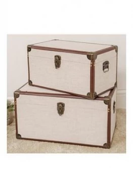 Set Of 2 Linen & Faux Leather Storage Trunks