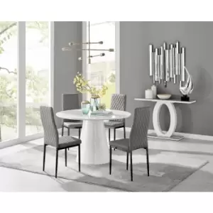 Furniturebox Palma White High Gloss 4 Seat Minimalist Post Modern Round Dining Table & 4 Grey Milan Black Leg Faux Leather Chairs