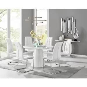 Furniturebox Palma White High Gloss 6 Seat Minimalist Post Modern Round Dining Table & 6 White Murano Faux Leather Chairs