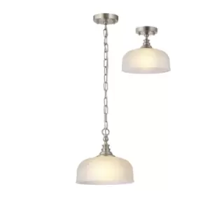 DeRuyter Flush, Single Ceiling Pendant, Adjustable E27, Satin Nickel, Frosted Glass