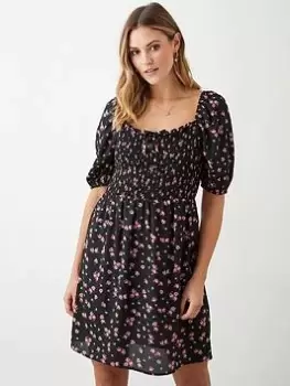 Dorothy Perkins Floral Shirred Mini Dress - Black, Size 12, Women