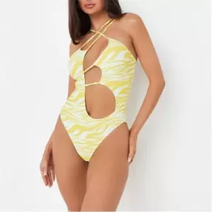 Missguided Animal Print Strappy Asymmetric Swimsuit - Yellow