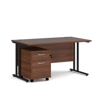 Office Desk Rectangular Desk 1400mm With Pedestal Walnut Top With Black Frame 800mm Depth Maestro 25 SBK214W