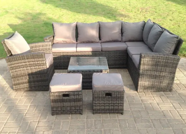 Fimous 6 Seater Outdoor Dark Grey High Back Rattan Lounge Complete Sofa Set with Square Coffee Table, 2 Stools and Big Footstools