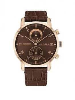 Tommy Hilfiger Kane Brown Sunray And Coronation Gold Detail Chronogrpah Dial Brown Leather Strap Mens Watch