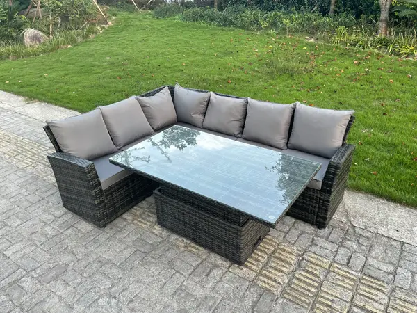 Fimous 6 Seater Outdoor Dark Grey Rattan Lounge Complete Sofa Set with Adjustable Rising Lifting Table and High Back Sofa