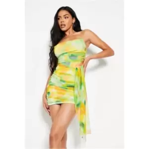 I Saw It First Lime Green Abstract Printed Mesh Bandeau Drape Detail Bodycon Dress - Green