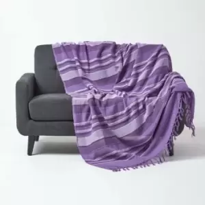 Cotton Morocco Striped Mauve Throw, 225 x 255cm - Purple - Homescapes