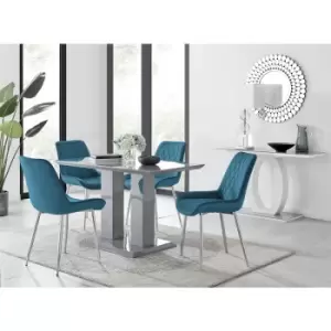 Furniturebox UK - Furniturebox Imperia 4 High Gloss Grey Modern Dining Table and 4 Blue Pesaro Velvet Dining Chairs With Silver Legs Diamond