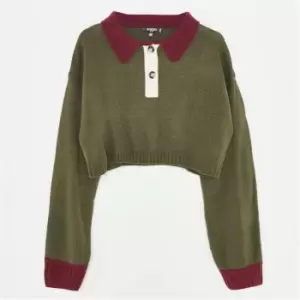 Missguided Petite Colourblock Collared Crop Knit Jumper - Green