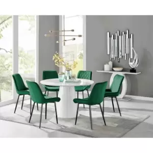 Furniture Box Palma White High Gloss Round Dining Table and 6 Green Pesaro Black Leg Chairs