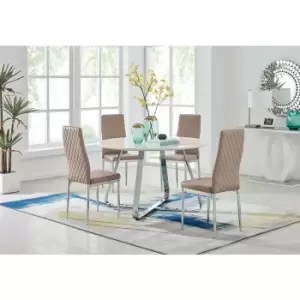 Santorini White Wood Contemporary Round Dining Table And 4 Cappuccino Grey Milan Chairs - Cappuccino