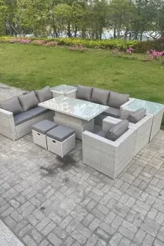 Fimous 8 Seater Outdoor Light Grey Rattan Lounge Complete Sofa Set with Adjustable Table, Side Table and 2 Stool