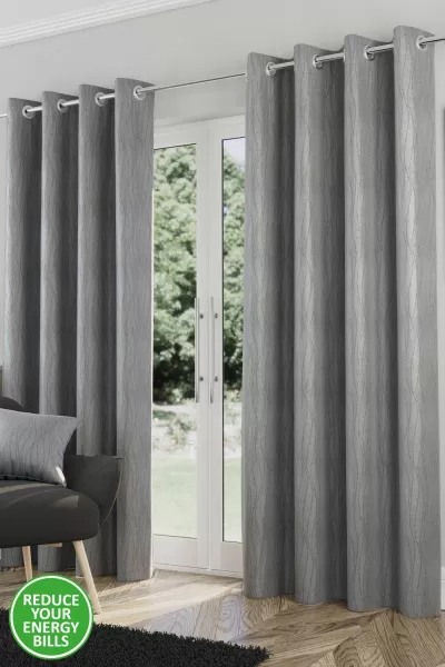 Enhanced Living Goodwood Silver Thermal, Energy Saving, Dimout Eyelet Pair Of Curtains With Wave Pattern 90 X 72" (229X183Cm)