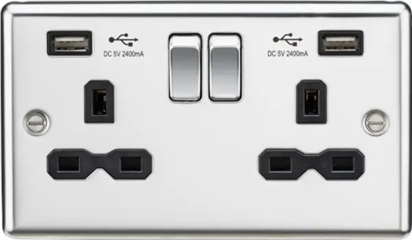 KnightsBridge 13A 2G switched socket with dual USB charger A + A (2.4A), Polished chrome with Black insert