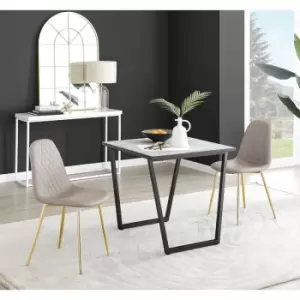 Furniturebox UK - Furniturebox Carson White Marble Effect Square Dining Table & 2 Cappuccino Corona Faux Leather Dining Chairs with Gold Legs Diamond