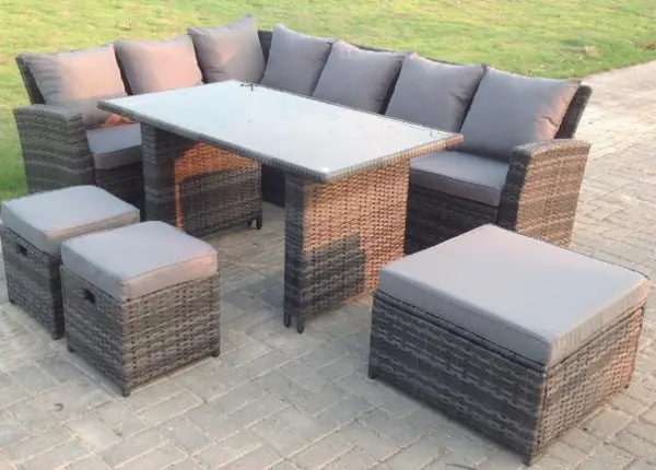 Fimous 6 Seater Outdoor Dark Grey High Back Rattan Lounge Complete Sofa Set with Black Tempered Dining Table, 2 Stools and Big Footstool