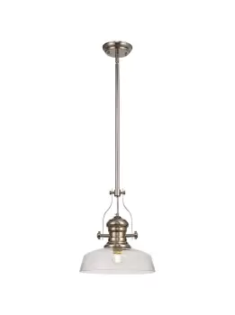 Telescopic Dome Ceiling Pendant E27 With 30cm Flat Round Glass Shade, Polished Nickel, Clear