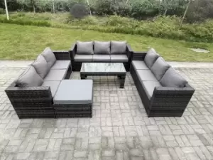 Fimous 9 Seater Outdoor Rattan Lounge Complete Sofa Set with Oblong Rectangular Coffee Table and Big Footstool