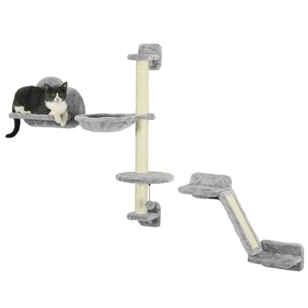 PawHut Cat Wall w/ Hammock, Platforms, Ladder - Grey