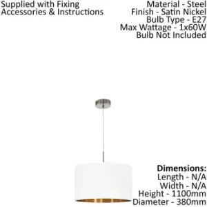 Pendant Light Colour Satin Nickel Shade White Copper Fabric Bulb E27 1x60W