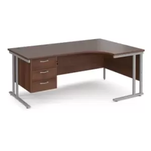 Office Desk Right Hand Corner Desk 1800mm With Pedestal Walnut Top With Silver Frame 1200mm Depth Maestro 25 MC18ERP3SW