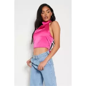 I Saw It First Hot Pink Satin Halterneck Tie Back Button Detail Crop Top - Pink