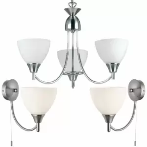 3 Lamp Ceiling & 2x Wall Light Pack Satin Chrome Glass Matching Indoor Fittings