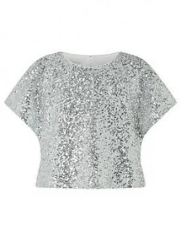 Monsoon Girls Dawn Sequin Flutter Sleeve Top - Silver, Size Age: 11 Years, Women