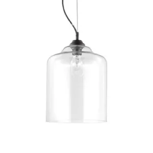 Bistro 1 Light Dome Ceiling Pendant Black Clear Blown Glass Square, E27