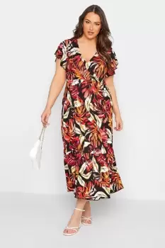 Leaf Print Frill Sleeve Wrap Maxi Dress