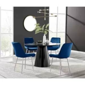 Furniture Box Palma Black Semi Gloss Round Dining Table and 4 Navy Pesaro Silver Leg Chairs