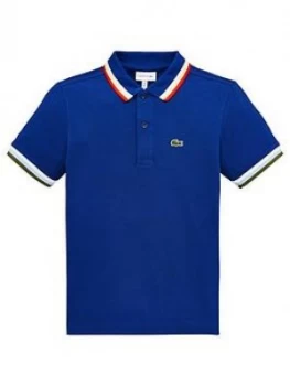 Lacoste Boys Short Sleeve Tipped Pique Polo Shirt - Blue, Size 6 Years