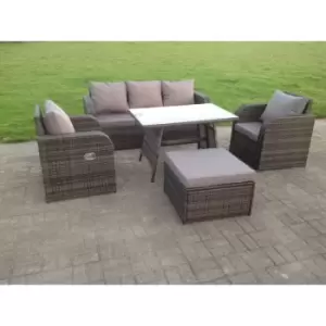 Fimous 5 Seater Outdoor Dark Grey Rattan Lounge Complete Sofa Set with Oblong Rectangular Dining Table, and Big Footstool