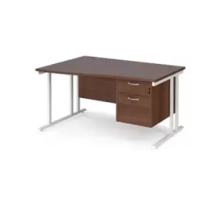 Office Desk Left Hand Wave Desk 1400mm With Pedestal Walnut Top With White Frame Maestro 25 MC14WLP2WHW