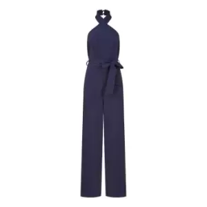 Mela London Navy Cross Over Halter Neck Jumpsuit - Blue