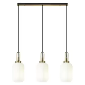 Luminosa Linear 3 Light Pendant E27 With 20cm Tubular Ribbed Glass, Opal Brass Gold, Matt Black