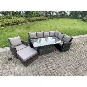 Fimous 7 Seater Outdoor Dark Grey Rattan Lounge Complete Sofa Set Right Side with Adjustable Dining Table and Big Footstool