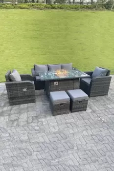 Fimous 5 Seater Outdoor Dark Grey Rattan Lounge Complete Sofa Set with Gas Fire Pit Table Heater, and 2 Stools