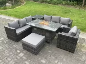 Fimous 7 Seater Outdoor Dark Grey Rattan Lounge Complete Sofa Set with Gas Fire Pit Dining Table and Big Footstool