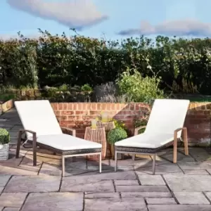 Garden Patio Furniture Set of 2 Rattan Sun Lounger Chairs with Cushions & 6 Adjustable Height Positions, Reclining & Foldable Sunloungers - Cream